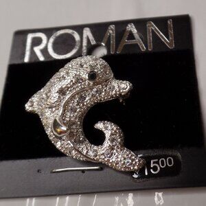 ROMAN Sparkling Silvertone Dolphin Brooch Pin New On Card